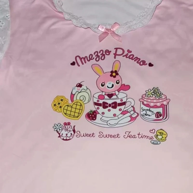 الصيف اليابانية لطيف لوليتا الأرنب طباعة الكرتون القمم النساء Y2k الجمالية الدانتيل المرقعة سليم القوس المحاصيل تيز الحلو لطيف تي شيرت #6