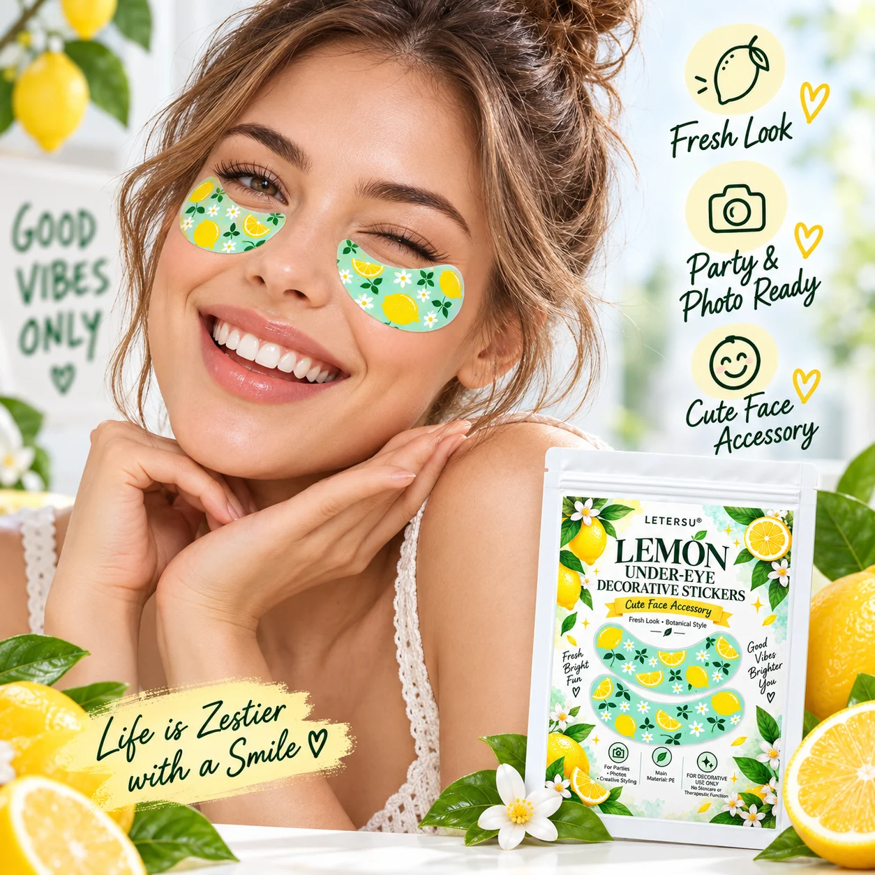 4PCS Lemon Print Under Eye Stickers, Cute Fruit Eye Patches, Summer Face Makeup Accessories for Women, Beach Party Festival Phot