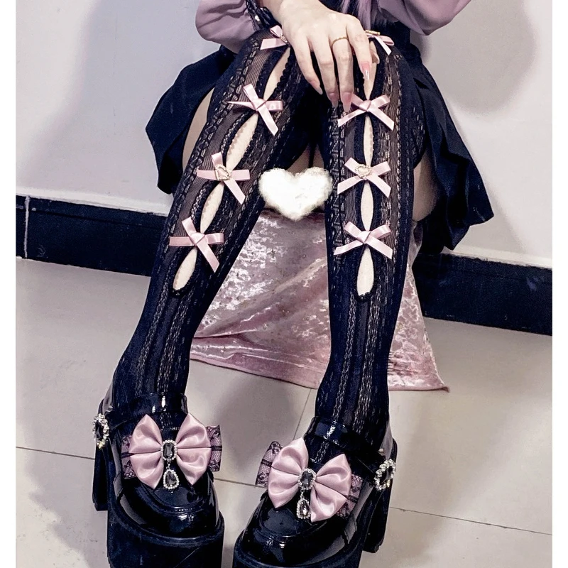 2026 New Japanese Handmade Hollow Bow Lace Lolita Socks, Sweet Cute 2-Way Wear Mid Calf & Over Knee Hosiery for Girls Cosplay
