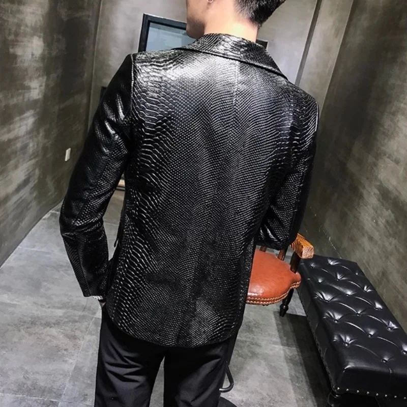 New Crocodile Patterns Leather Jacket men\'s solid lapel Slim Fit PU Coats Casual Blazer Leather Jacket Motorcycle Outwear