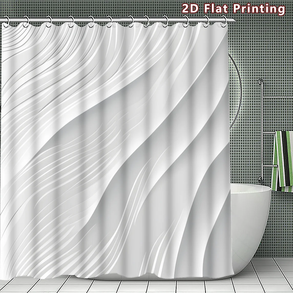 2D Flat, 1pc 2D White Wave Pattern Shower Curtain, Bathroom Decor, Multi-Size Options (120x180cm, 150x180cm, 180x180cm, 180x200c