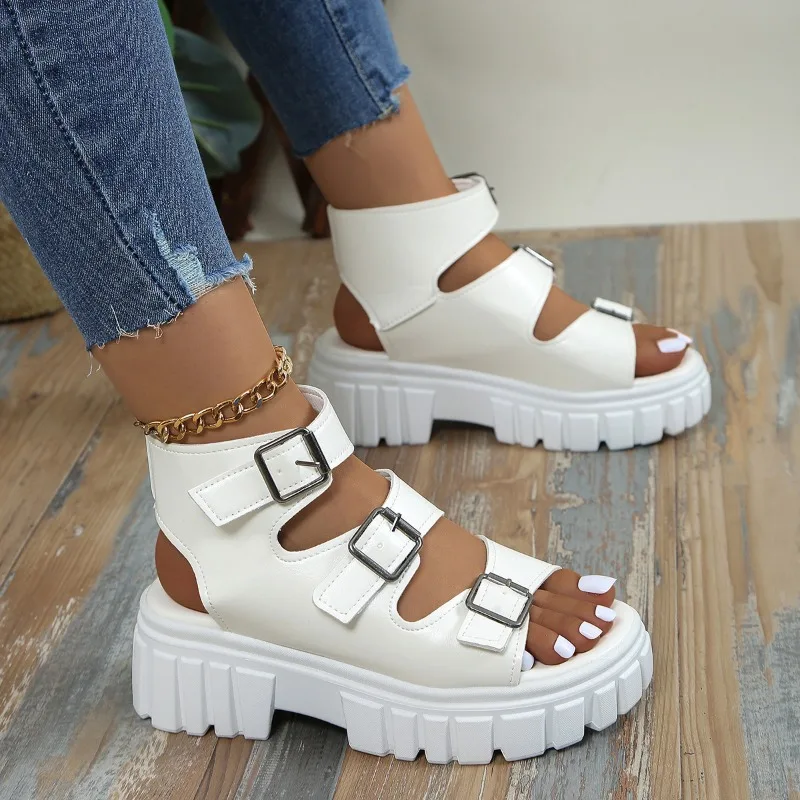 Women Punk Platform Wedge Sandals 2024 Summer PU Leather Thick Sole Sandals Woman Buckle Strap Non Slip Roman Shoes Plus Size 43