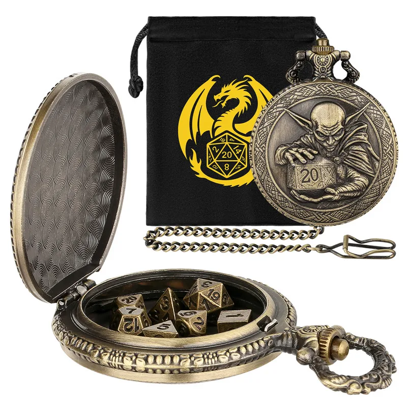 ブロンズゴブリン D20ダイス付き懐中時計ケース、7個の金属製小型多面体ダイスセット、卓上ボードゲームアクセサリー