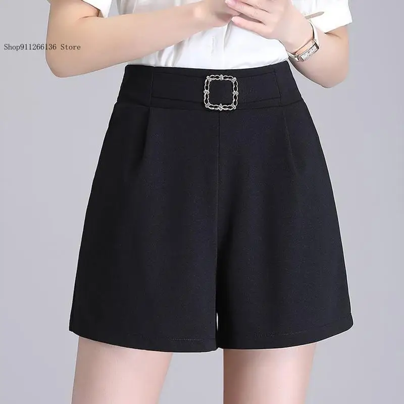 Casual Loose High Waist Wide Leg Suit Pants Simplicity Summer Shorts Women Ice Silk Elastic Waist Pockets Diamonds