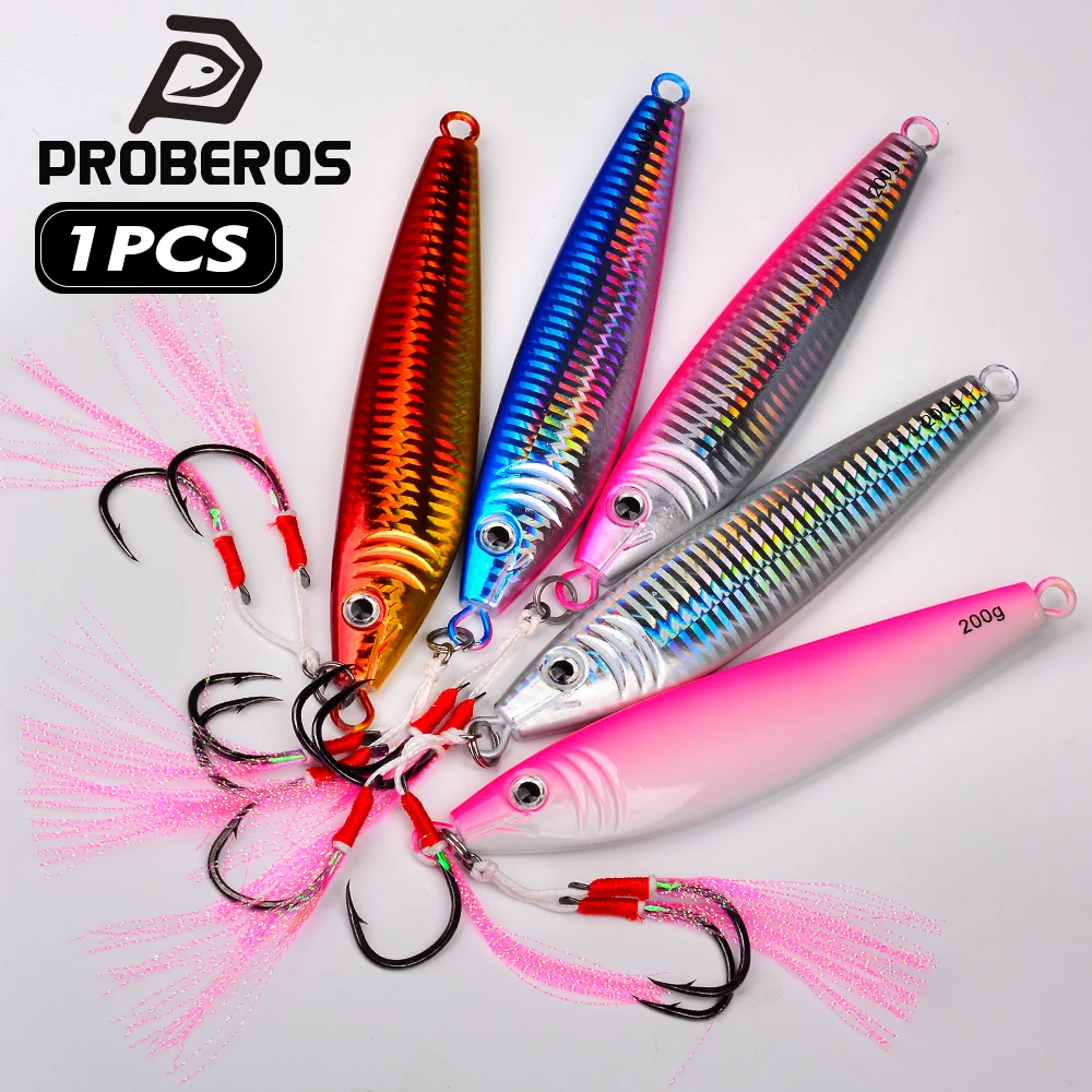 

Proberos 1PC With Hooks Long Metal Jig Fishing Lure Slow Cast Jigging Spoon 20-200G Sea Bass Lure Artificial Bait Fishing Gear