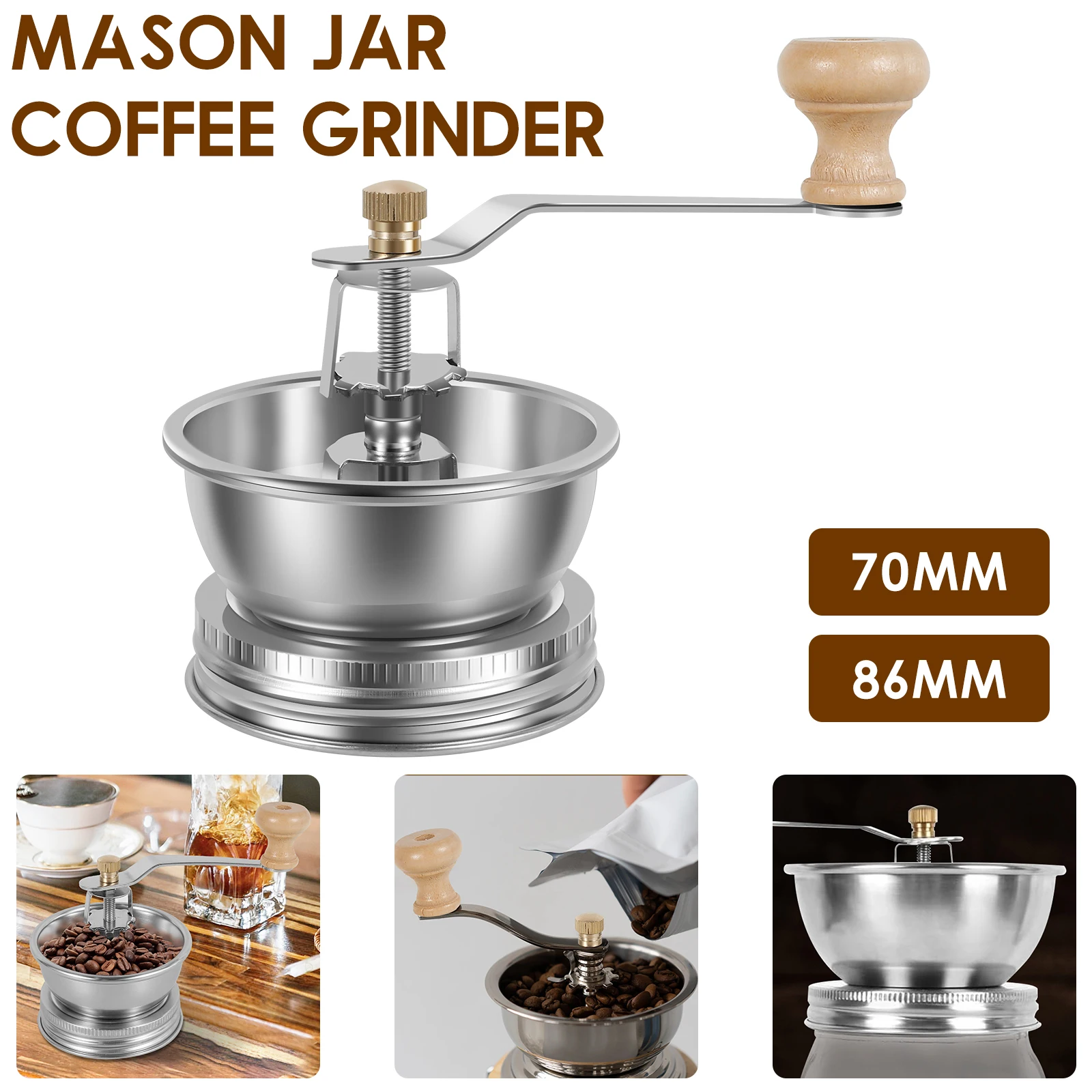 Tragbare manuelle Kaffeemühle aus Edelstahl, verstellbare Kaffeebohne mit Kurbelgriff, Kaffeemühle, Deckelbefestigung, abnehmbar