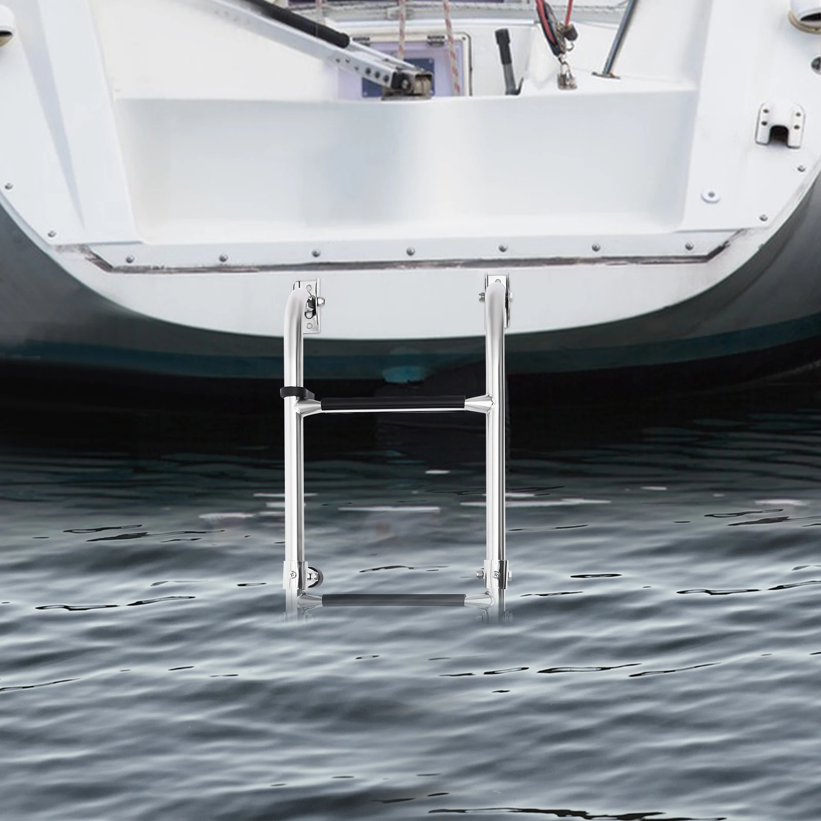 Folding Marine Boat Step Ladder with C-clamp, Portable, Space-saving, 2+2 PVC-covered Drop Ladder for Yacht