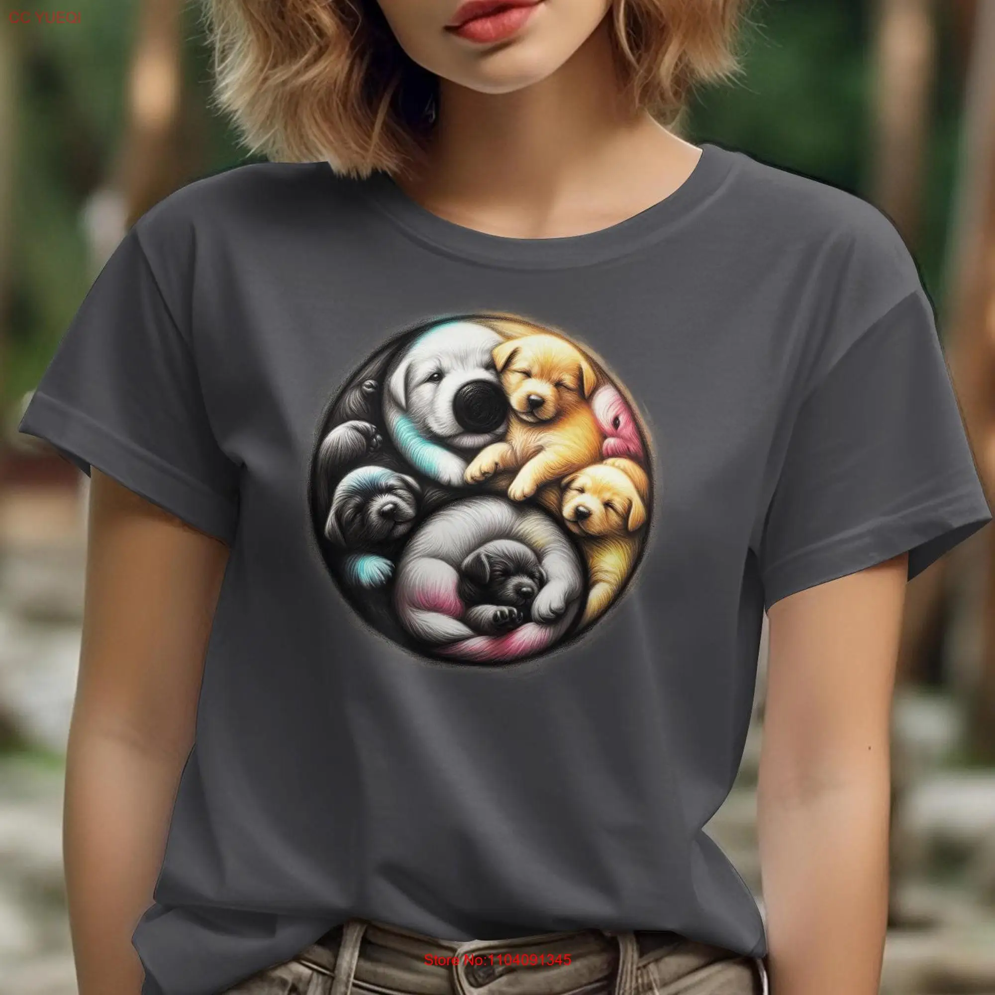 Colorful Circle of Puppies T Shirt Cute Dog Lover Artistic Animal Print Women's Fashion long or short sleeves