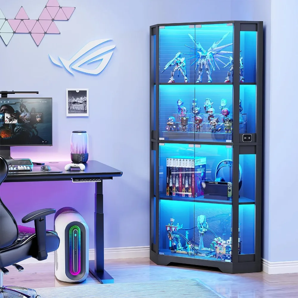 65" Lighted Corner Display Cabinet with Glass Doors, 4-Tier Hexagon Curio Cabinet for Living room, Entryway, Black Cabinets image 6