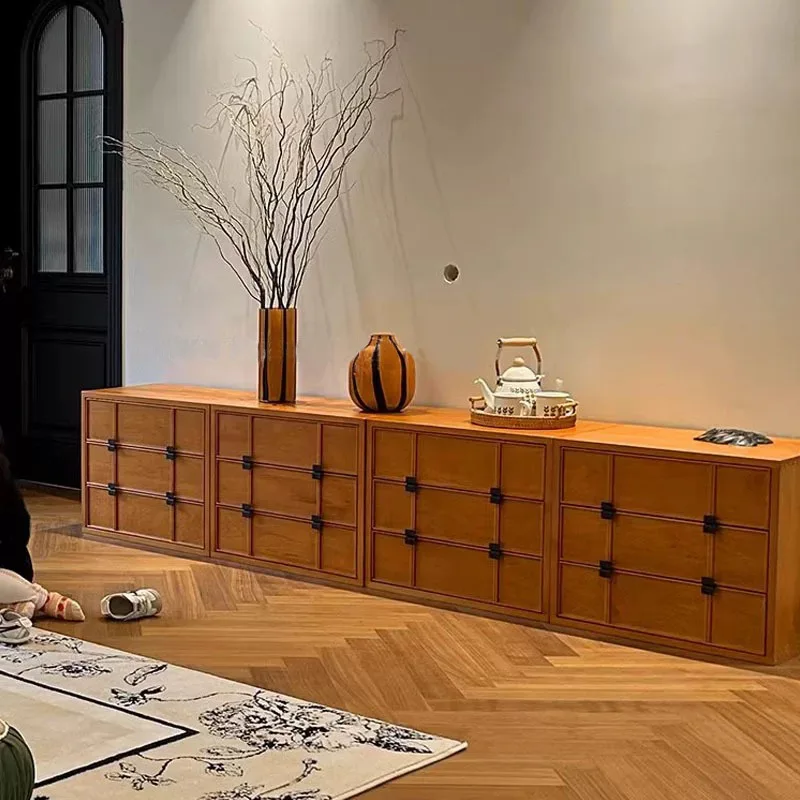 Chessboard retro style medieval all-solid wood TV cabinet modern simple living room card door cabinet bedroom combination