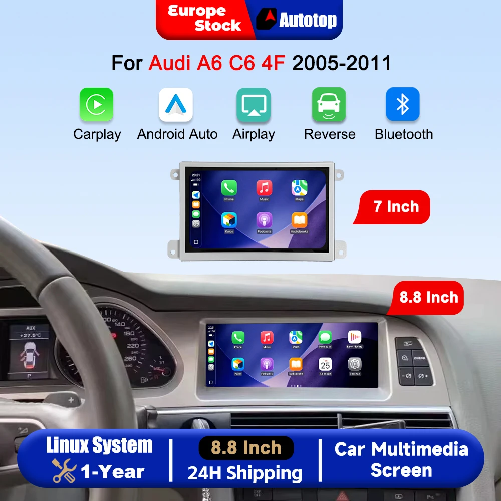 AUTOTOP, display multimediale per auto con schermo touchscreen da 7 o 8,8 pollici, compatibile con CarPlay wireless e Android Auto, per Audi A6 C6 4F 2005-2011, sistema MMI 2G, MMI3G, navigazione GPS,