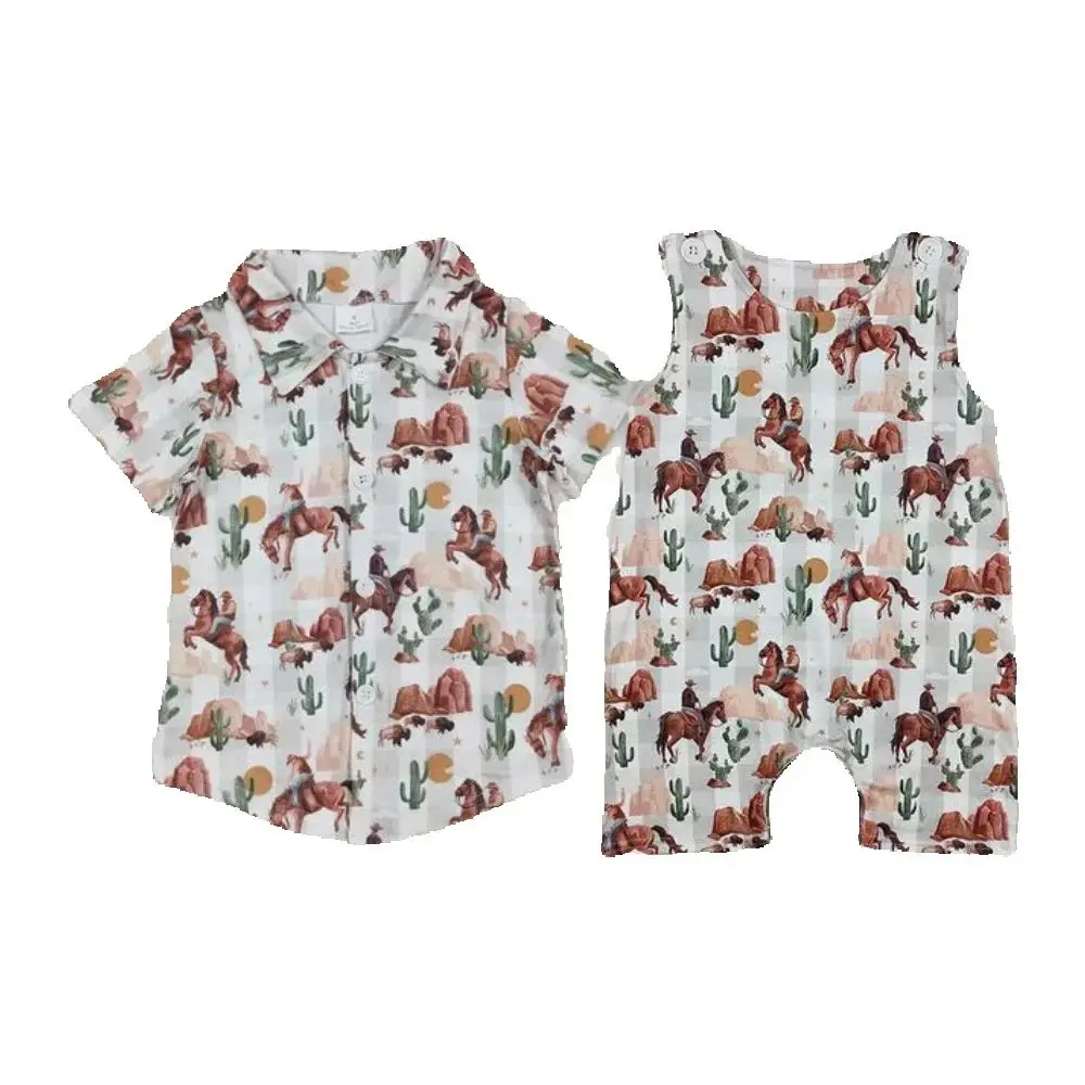 

Baby kids clothing Sibling Western Cow & Cactus Print Sibling Baby Boys Rompers Button-Up Shirts Short Sleeve Outfit for Infants