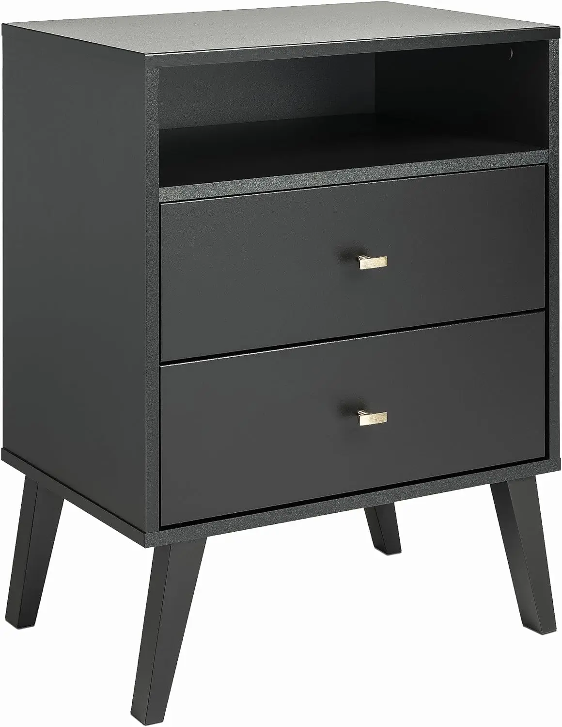 

Milo Mid-Century Modern 2 Drawer Nightstand With Open Shelf, 16"D x 22.5"W x 29.5"H, Black