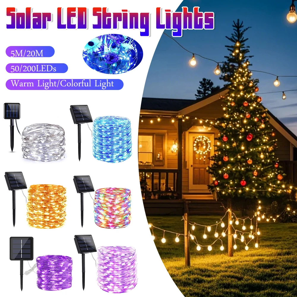 

Светодиодная уличная гирлянда на солнечных батареях, 8 режимов, 50/200 светодиодов, для праздников, Рождества, вечеринок, водонепроницаемая, для сада