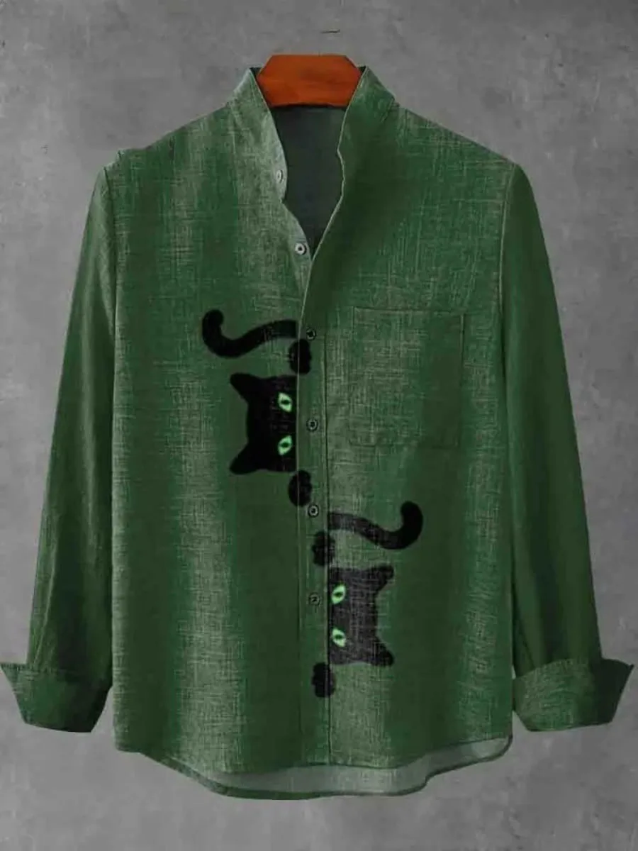 Muzułmańska Odzież Męska Jesień Najlepiej Sprzedająca się Męska Koszula Lniana z Długim Rękawem z Retro Nadrukiem Kotka Ropa Hombre