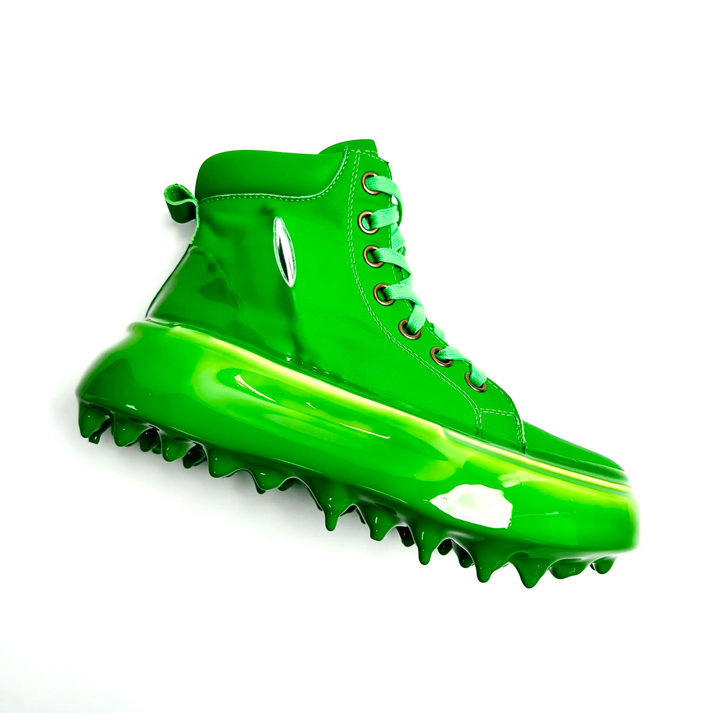 

Black& Street Exclusive Handmade Green Leather Shoes Art CCP U Dissolving Sole Personality Irregular Drip High-top Boots