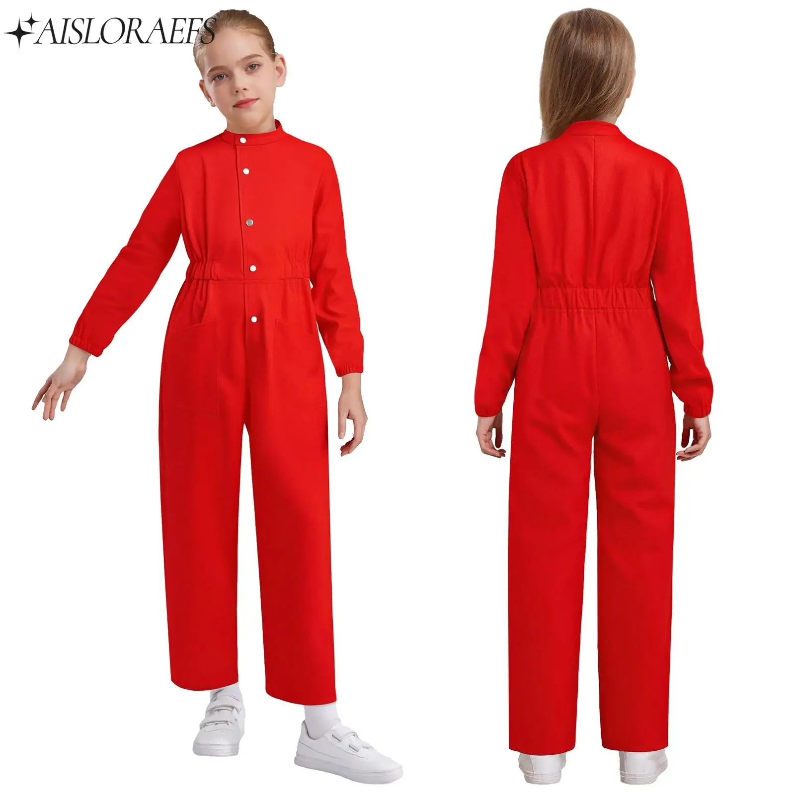 

Kids Girls Press Buttons Jumpsuit Casual Solid Color Long Sleeve Elastic Waist Straight-Leg Rompers with Pockets Outdoor Wear