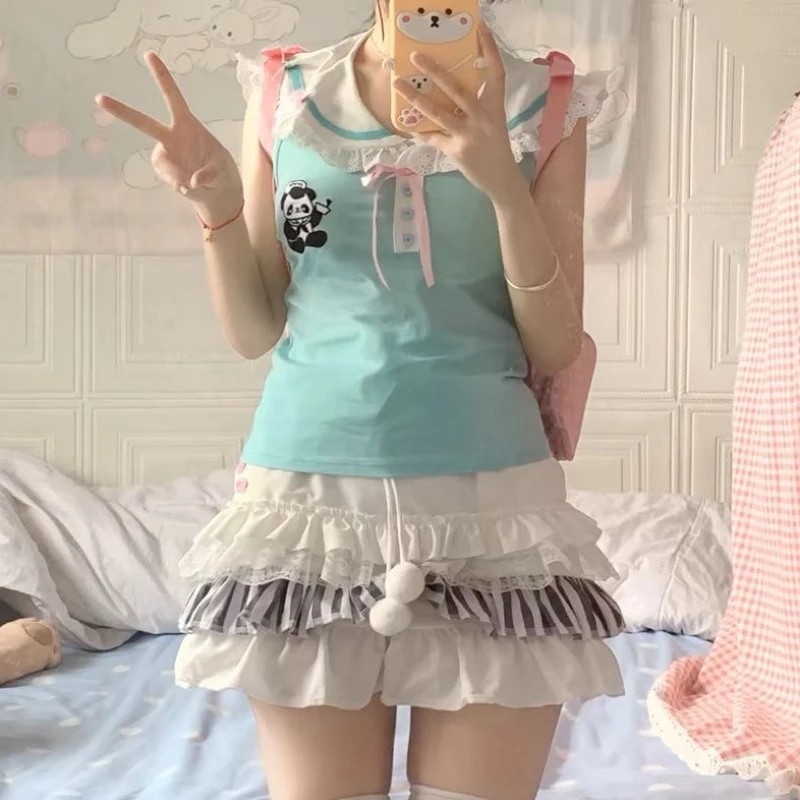 HOUZHOU Kawaii krótka spódniczka damska japońska Y2K Harajuku sznurowana elastyczna marszczenie w talii koronkowa patchworkowa biała Mini spódniczka Lolita urocza