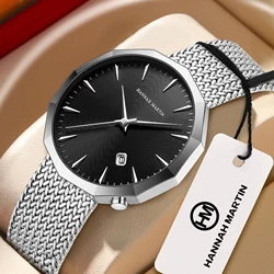 2025 New Men Stainless Steel Watch Fashion Polygonal Dial Hannah Martin Original Japanese Quartz Movement Mesh Straw Wrist Watch