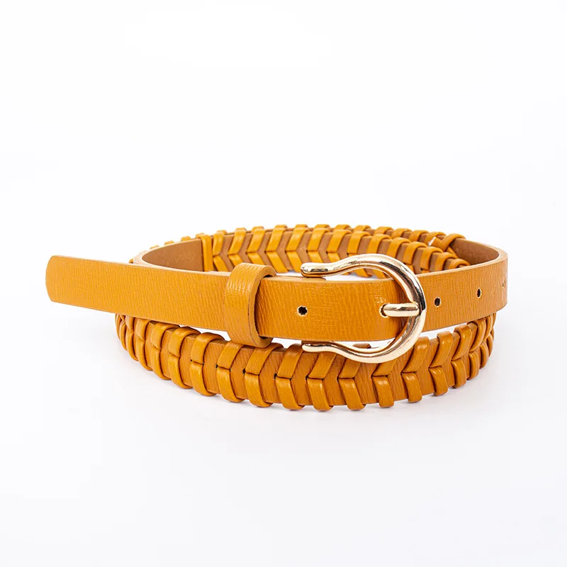 Vintage Braided Thin Belt Woman Antique Brass Buckle Fashionable Versatile Dress Decorative No-hole PU Leather Belt Summer