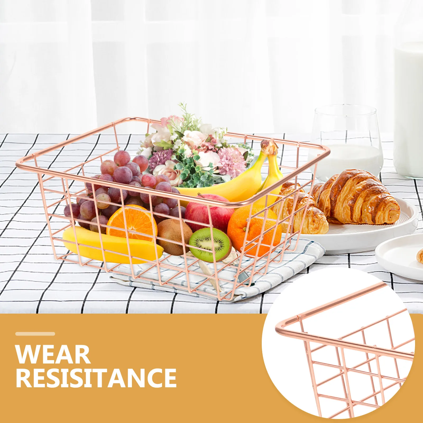 

Wrought Iron Storage Basket Snacks Fruits Baskets Metal Organizer Rose Gold Desktop