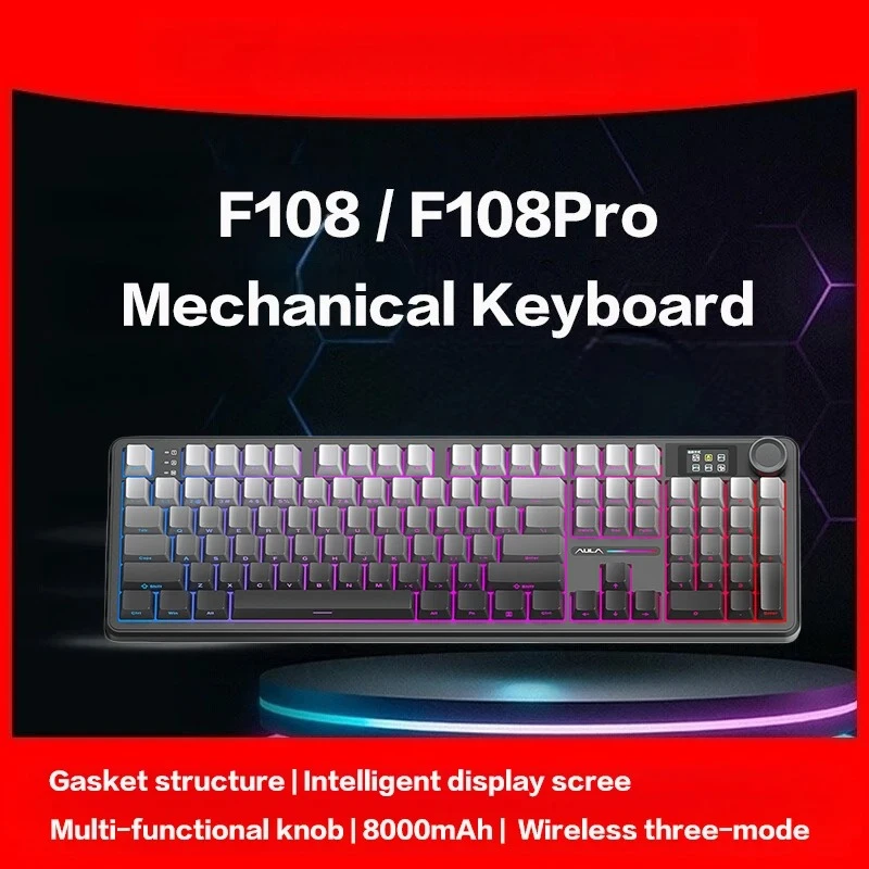 

Беспроводная механическая клавиатура 108Pro/F108 с тремя режимами подключения, умным дисплеем, креплением Gasket Mount и RGB-подсветкой