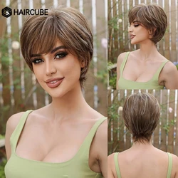 HAIRCUBE krótkie fryzura Pixie peruka z prostymi włosami brązowe podkreślają włosy syntetyczne dla kobiet mężczyźni z grzywką codziennie Cosplay włosy odporne na ciepło