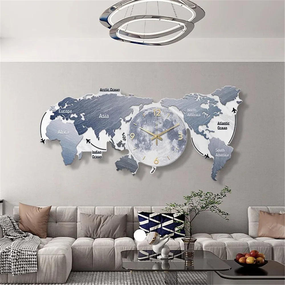 Nordic Minimalism World Map Clock Led Wall Lamp Living Room Mural Sofa Background Hanging Painting Study Office Cafe Night Light
