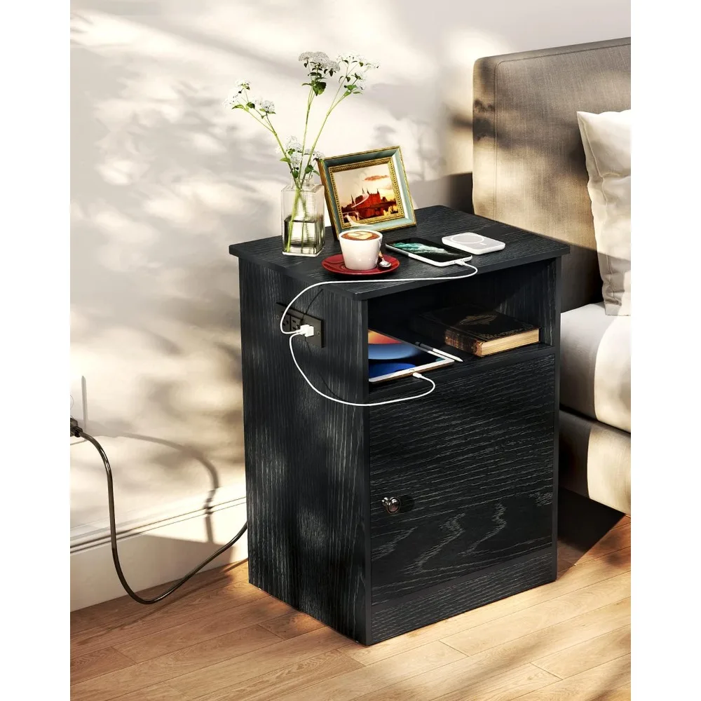 Narrow End Table with Charging Station, Side Table, Flip Top, Shelf and USB Ports Nightstand for Living Room, Bedroom nightstand