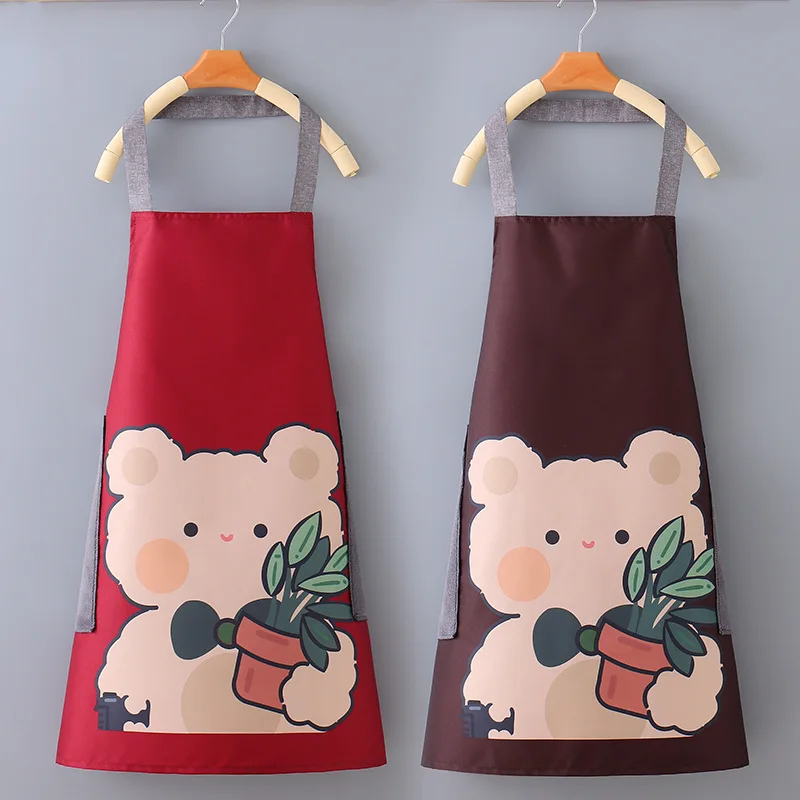 Fashion Cartoon Bear Waterproof Apron Kitchen Cooking Wipe Hand Waterproof Oil-proof Overalls Digital Printed Apron