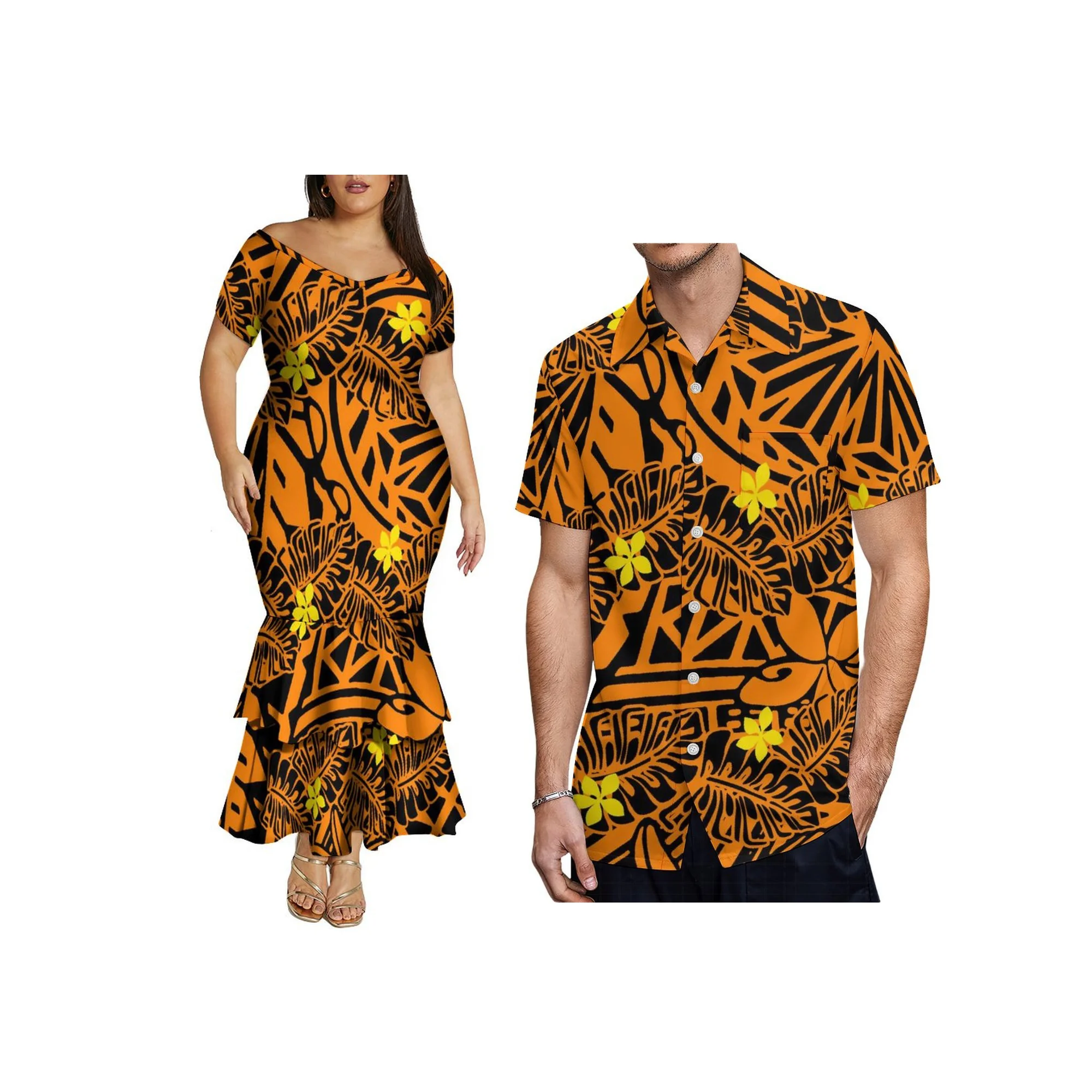 Nueva fábrica, venta al por mayor, ropa personalizada para parejas, diseño samoano, vestido de cola de pez con hombros descubiertos, camisa de secado rápido para hombres de talla grande