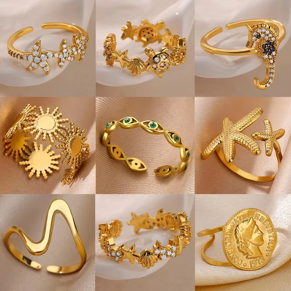 Delicado anillo de circón con concha de estrella de mar, tortuga, mal de ojo, anillo de acero inoxidable para mujer, abalorio dorado antidecoloración, accesorios de joyería, regalos
