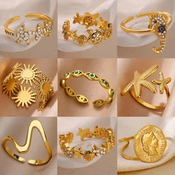 Dainty Zircon Shell Starfish Turtle Evil Eye Rings Stainless Steel Ring Women Anti Fading Golden Charm Jewelry Accessories Gifts