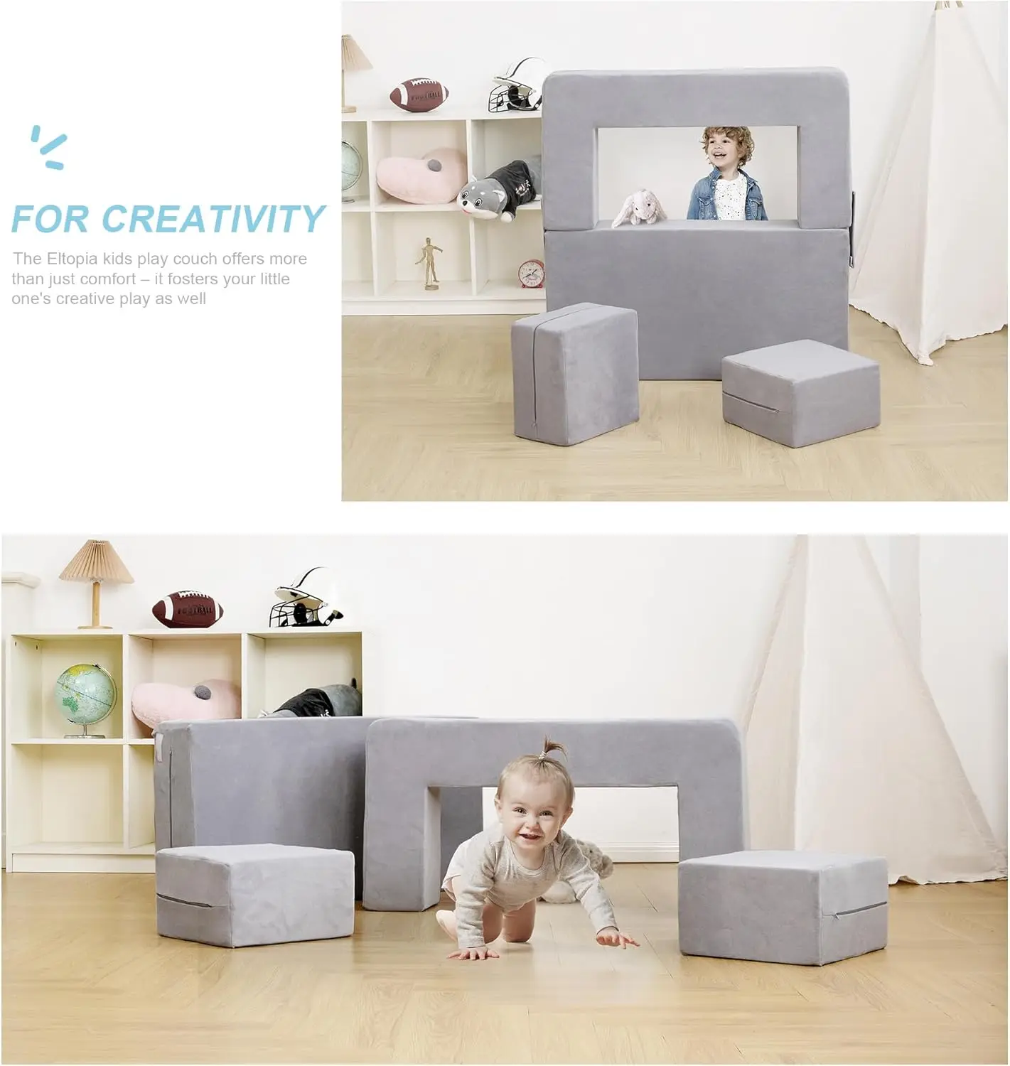 Sofá para niños, sillón de espuma para niños pequeños, juego de sofá de felpa convertible para niños, sofá cama plegable (gris)