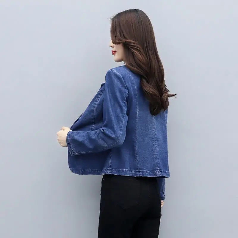 Spring Short Style Blue Denim Blazer Ladies Long-sleeved One Button Jeans Blazer Jackets For Women