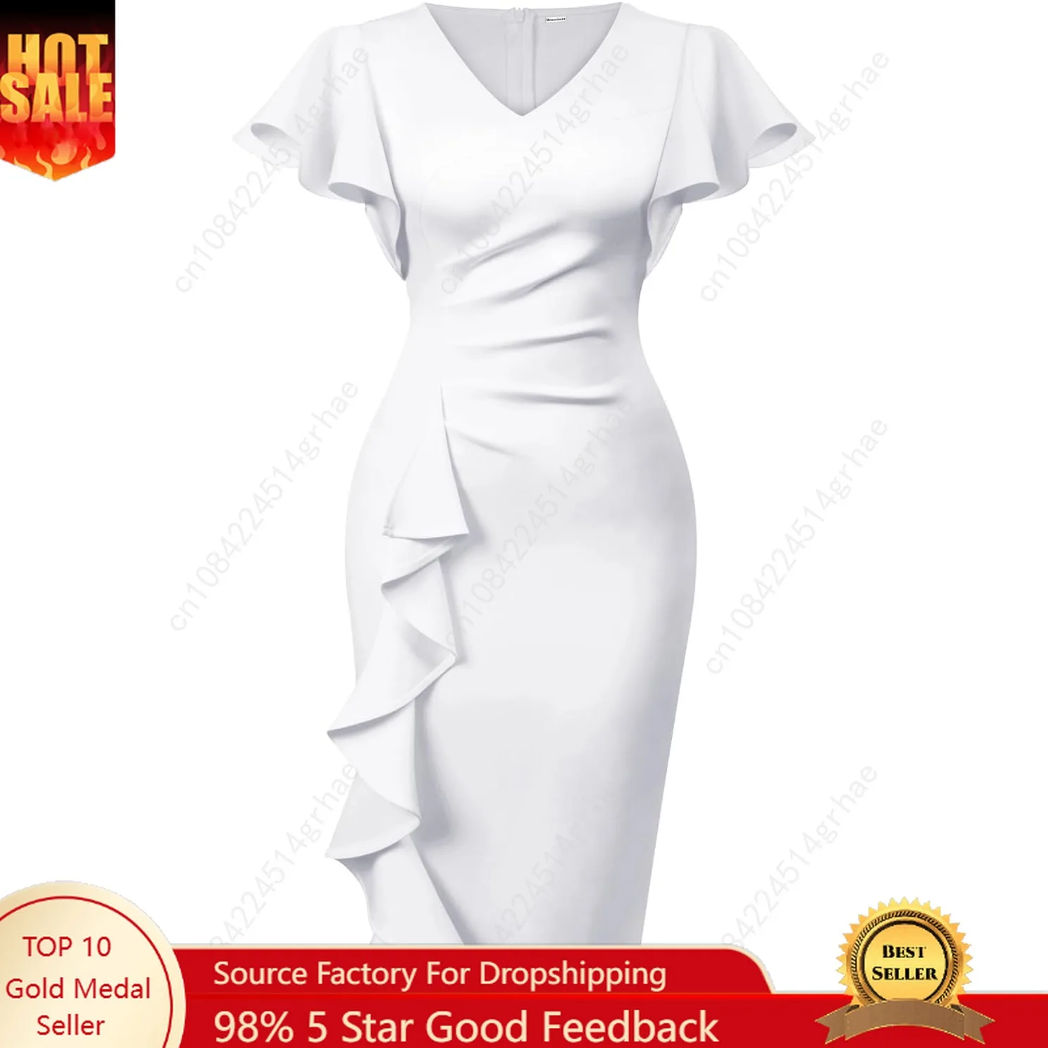 

Women's Sexy V Neck Ruffle Short Sleeve Bodycon Cocktail Work Midi Dress