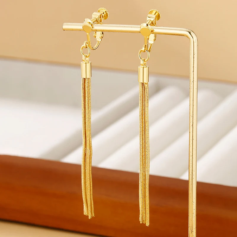 High Quality Metal Chain Tassel Clip on Earrings Without Piercing Ear Clips for Women Vintage Simple Party Jewelry Accessories