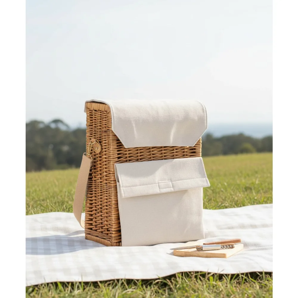 

Handmade Wicker Picnic Basket with Wine Holder & Cheese Board - Perfect for Outdoor Parties, Camping & Gifts