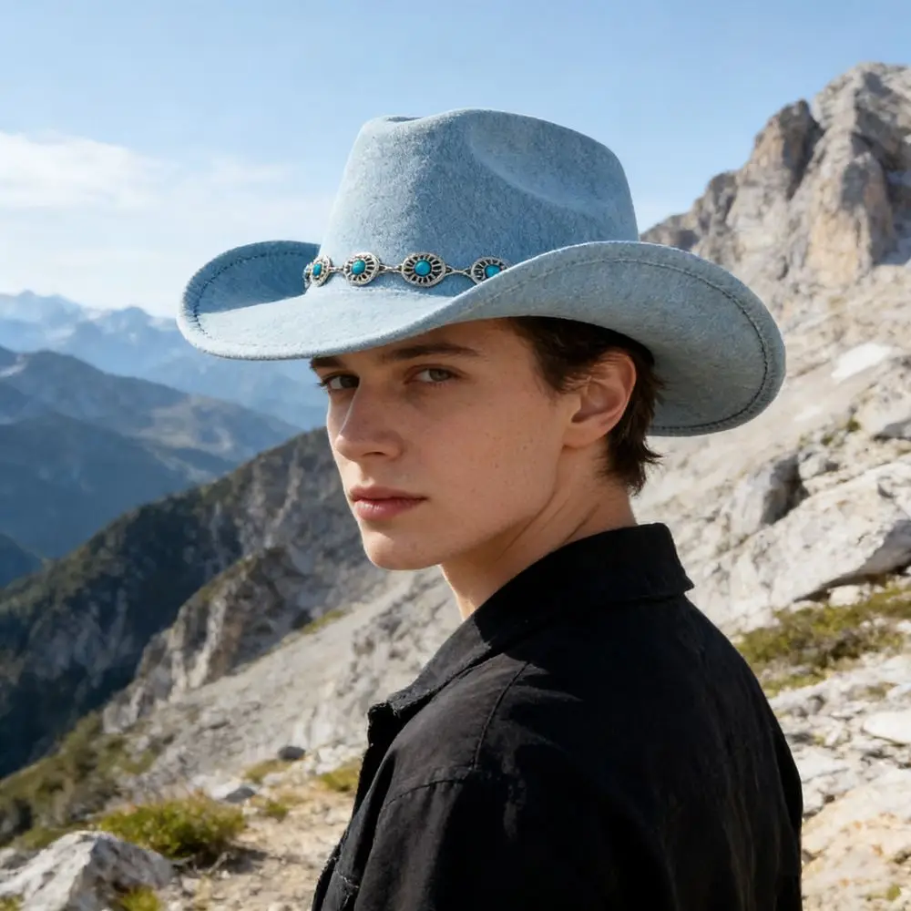 Turquoise Cowboy Hat Wide Curved Brim Metal Chain Decor Felt Fedora Hat High Crown Unisex Western Cowgirl Hat