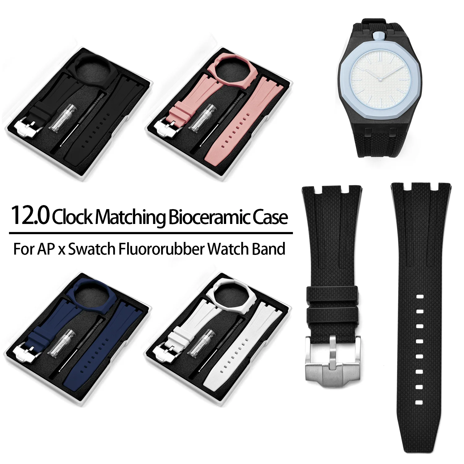 Soft FKM Fluoro Rubber WatchStrap & Case Kit Compatible with AP Swatch Royal Pop, Waterproof Replacement WatchBand for Men Women