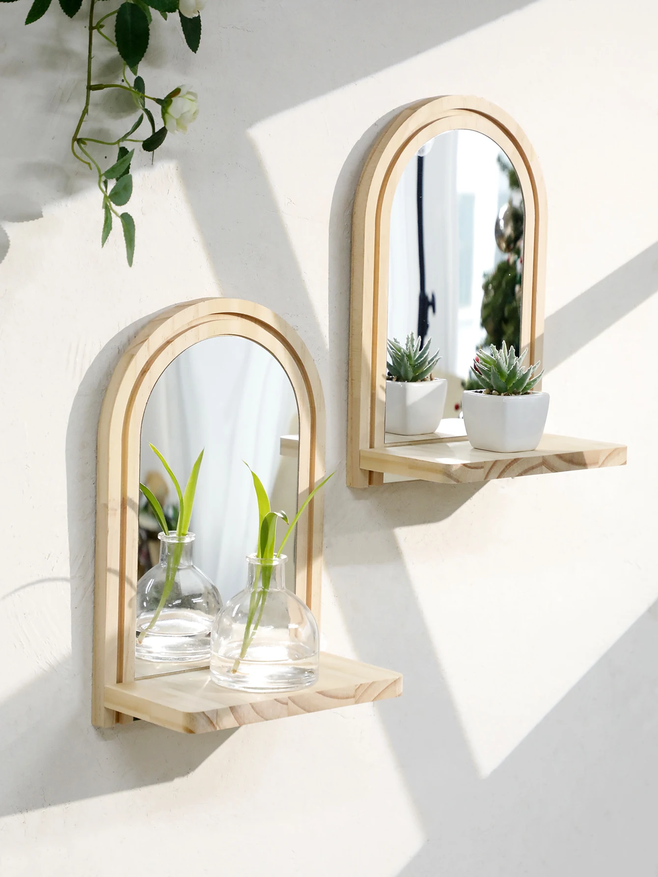 1Pc Boho Style Wooden Wall Shelves - Geometric Wall Mounted Shelves, Natural Wood Finish, Modern Home Decor, Plant Decorative