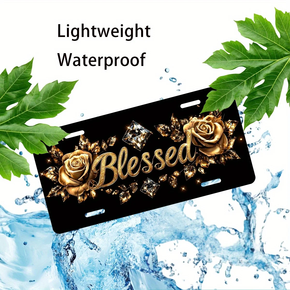 a Decorative Standard License Plate Featuring a 2D Golden Rose Design, Made of Aluminum, Intended for Decorative Use Only