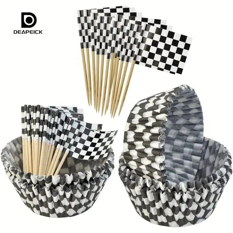 25pcs Cupcake Liners+25pcs Flags High Quality Race-themed Cake Cups Cupcake Liners, Black And White Checkered Cupcake liners