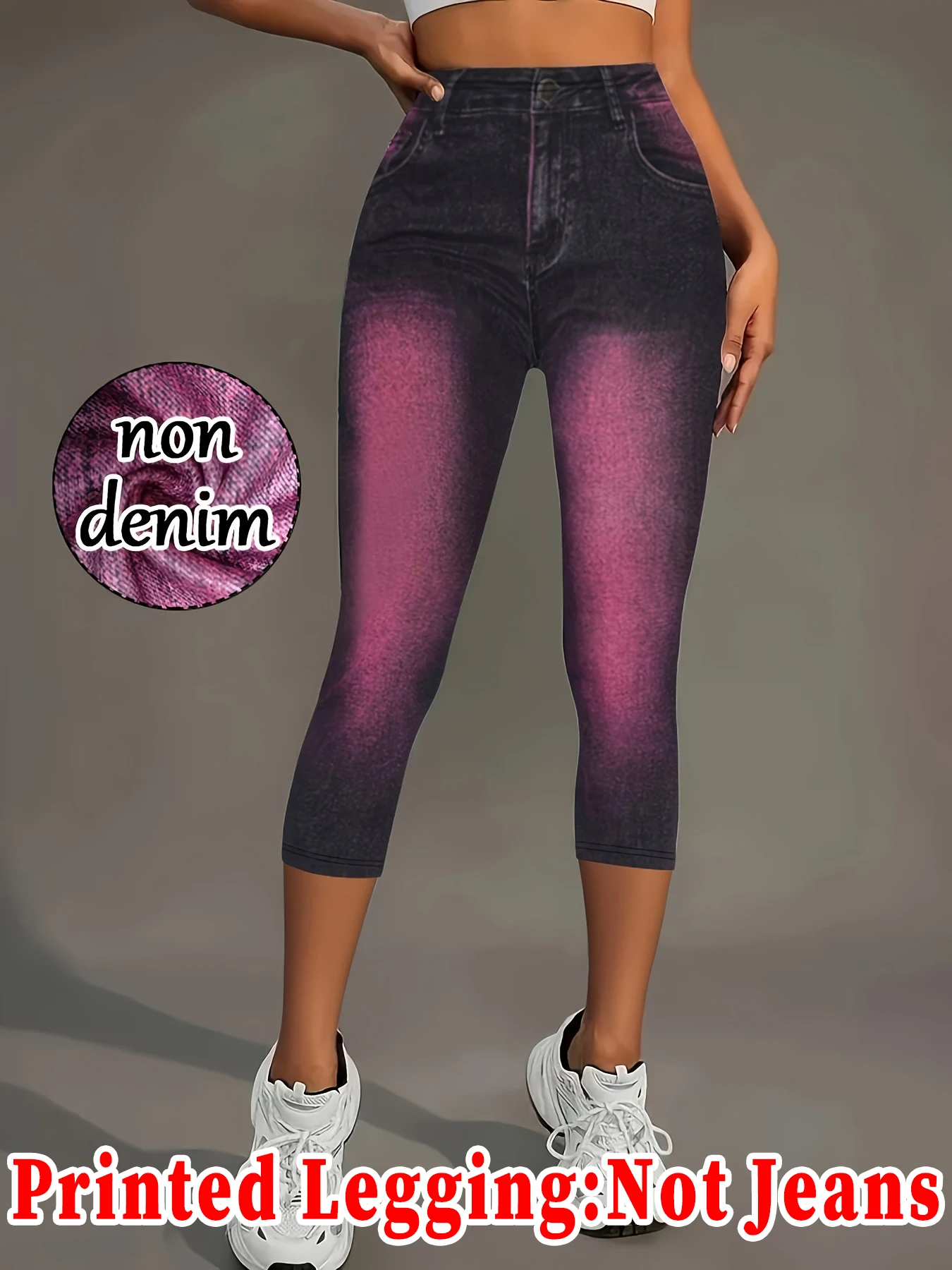 Fashion Women Faux Denim Print Skinny Pants, High Elastic Seamless Fake Pocket Outerwear Sports Cropped Capri Leggings