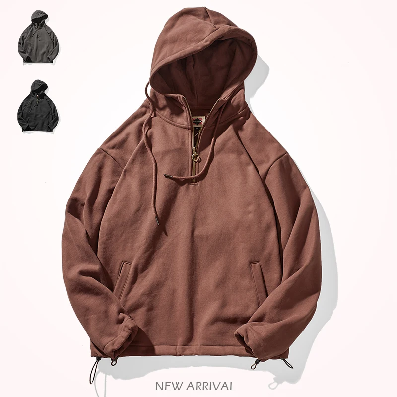 Autumn Winter American Heavyweight Hooded Hoodies Men's Fashion Pure Cotton Long Sleeve Thickened Plus Velvet Casual Sportwear