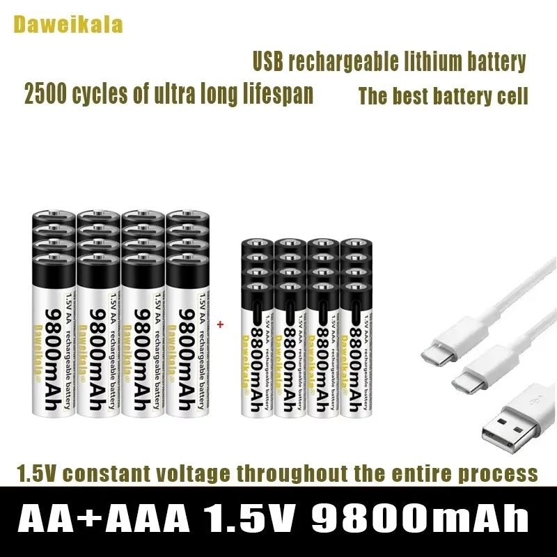 Pilas recargables USB AA + AAA de 1,5 V, pilas AA de 9800mAh/AAA de iones de litio de 8800mAh para juguetes, reloj, reproductor de MP3, termómetro y Cable