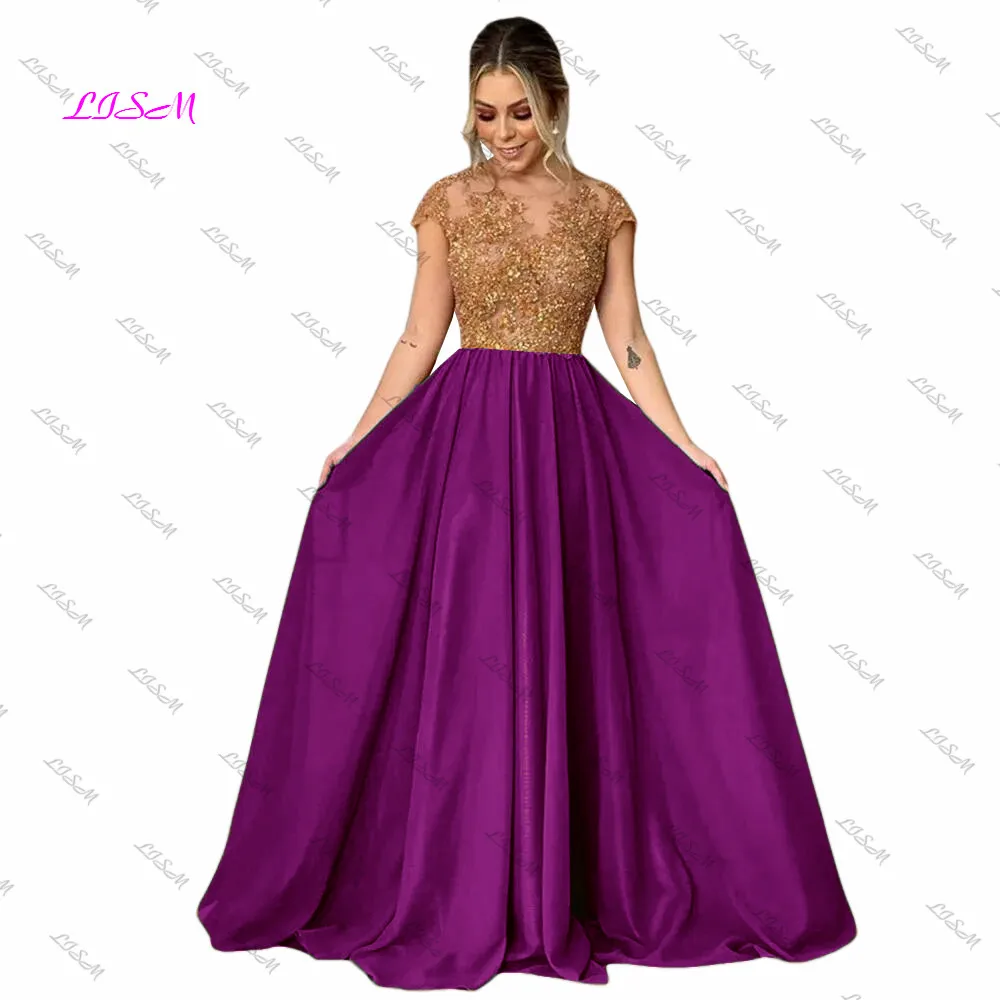 Vestido de fiesta largo de gasa con apliques de cuentas, vestidos de noche elegantes, Mangas de casquillo redondo, ilusión en la espalda, vestidos formales para ocasiones