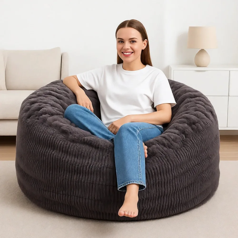 Extra Large Dark Grey Bean Bag Chair with Fluffy Ripple Cover for Adults