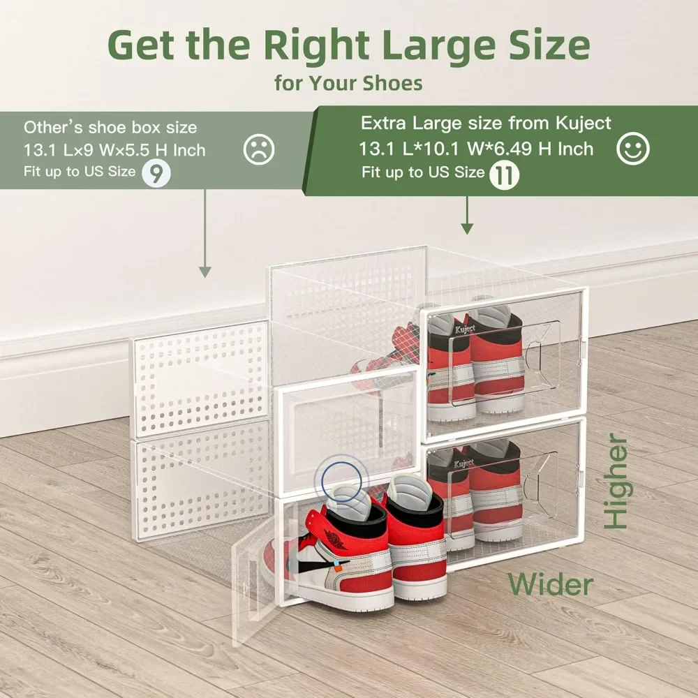 Shoe Storage Box Fits Size 11, Clear Plastic Stackable, Space Saving, Shelf Container Box, 12 Packs