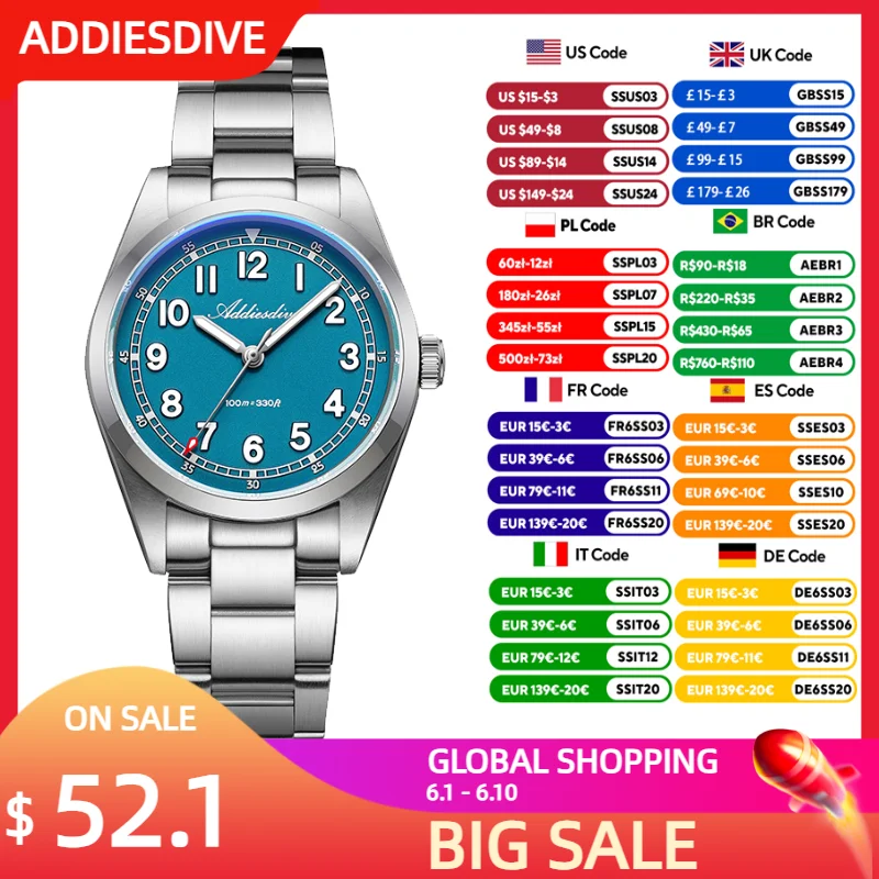 

ADDIESDIVE 36mm Luxury Quartz Wristwatch Top Brand Sapphire Glass Luminous 100m Waterproof Watch Stainless Steel New Men Watches